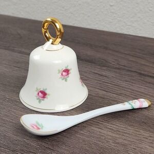 Vintage Ashleydale England Fine Bone China Bell & Spoon Set Pink Roses Gold Trim